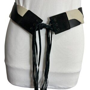 VTG Leather Vinyl Waist Belt Black Cream Zigzag Wrap Tie Fringe Festival Hippie